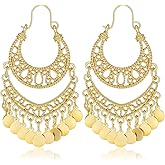 Vintage Boho Chunky Dangle Earrings for Women - Golden Plated Statement Drop Earrings with Intricate Openwork Tribal Pattern, Wedding & Party Accessories (1 Pair)