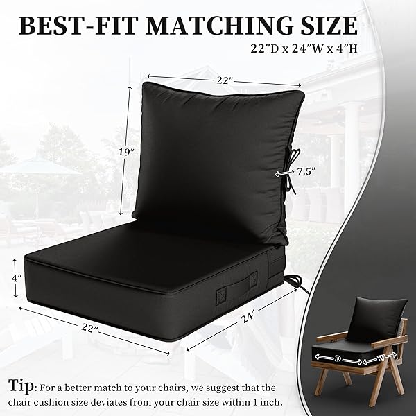 KIMUNUK OUTDOOR SEAT CUSHION SET 22 L × 24 W × 5 H INCH WATERPROOF & FADE RESISTANT PATIO FURNITURE CUSHIONS WITH REMOVABLE COVER WITH HANDLE AND STRAPS FOR SOFA CHAIRS, CHAIRS