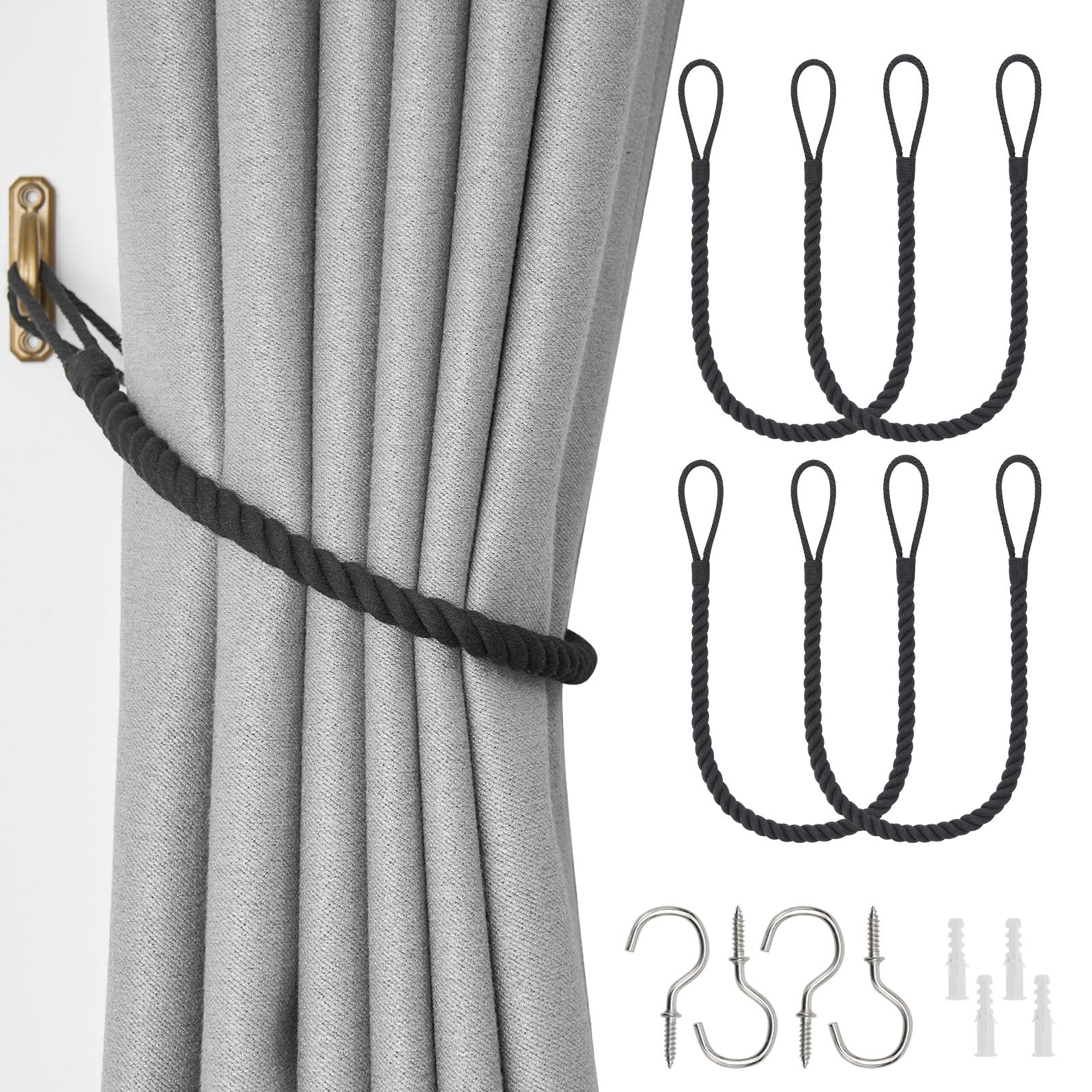 Pretty Jolly 4 Pack Natural Cotton Rope Curtain Tiebacks Boho Rustic Style Decorative Drape Tie Backs Elegant Hand-Woven Rope Curtain Holdbacks with Metal Hook for Home & Office Drapery (Cotton-Black)