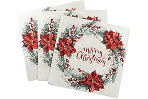 80pcs Christmas Paper Napkins with Wreath Design 13x13 Vintage Poinsettia Flowers and Holly Berries Disposable Cocktail Desse