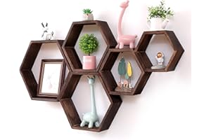 WONFUlity Hexagon Floating Shelves Honeycomb Shelves Wall Mounted Wood Farmhouse Storage Wall Shelf for Bathroom, Kitchen, Bedroom, Living Room,Driftwood Finish Wall Decor,Dark Brwon