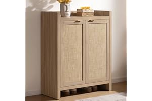 SICOTAS Shoe Cabinet, 24 Pair Shoe Storage Organizer Cabinet, 41" Tall Rattan Shoe Cabinet with Doors and Shelves, 6-Tier Farmhouse Boho Wooden Storage Cabinet for Entryway Hallway Closet, Light Oak
