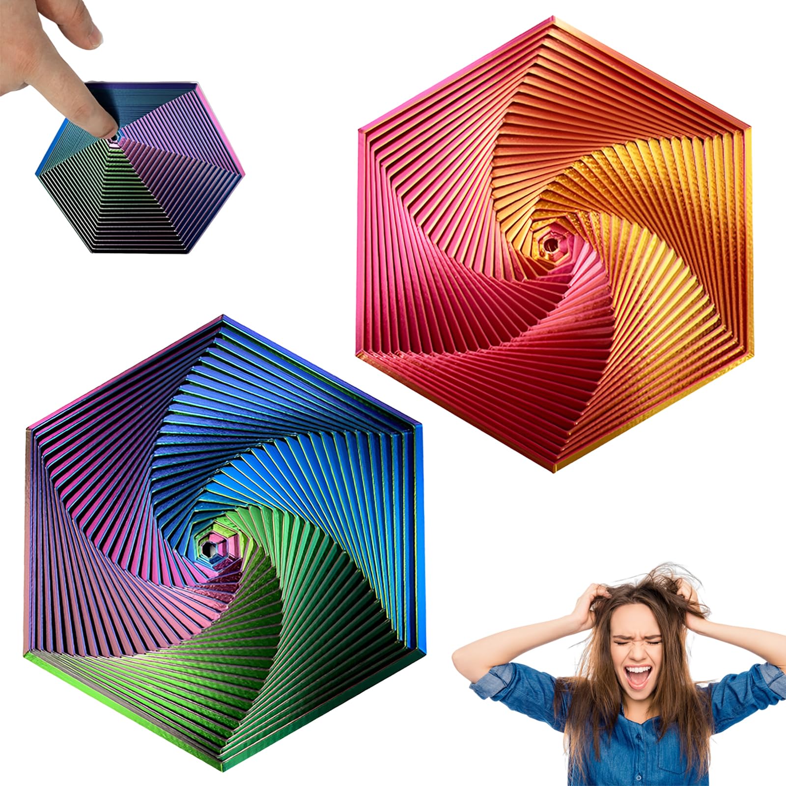 WideSmart Fractal Fidget Toy,2 Pcs 3D Printing Hexagon Fidget Toys,3D Spiral Visual Design,Desk Sensory Toys,Kids Adults Fidget Toy for Anti-Anxiety and Stress Relief