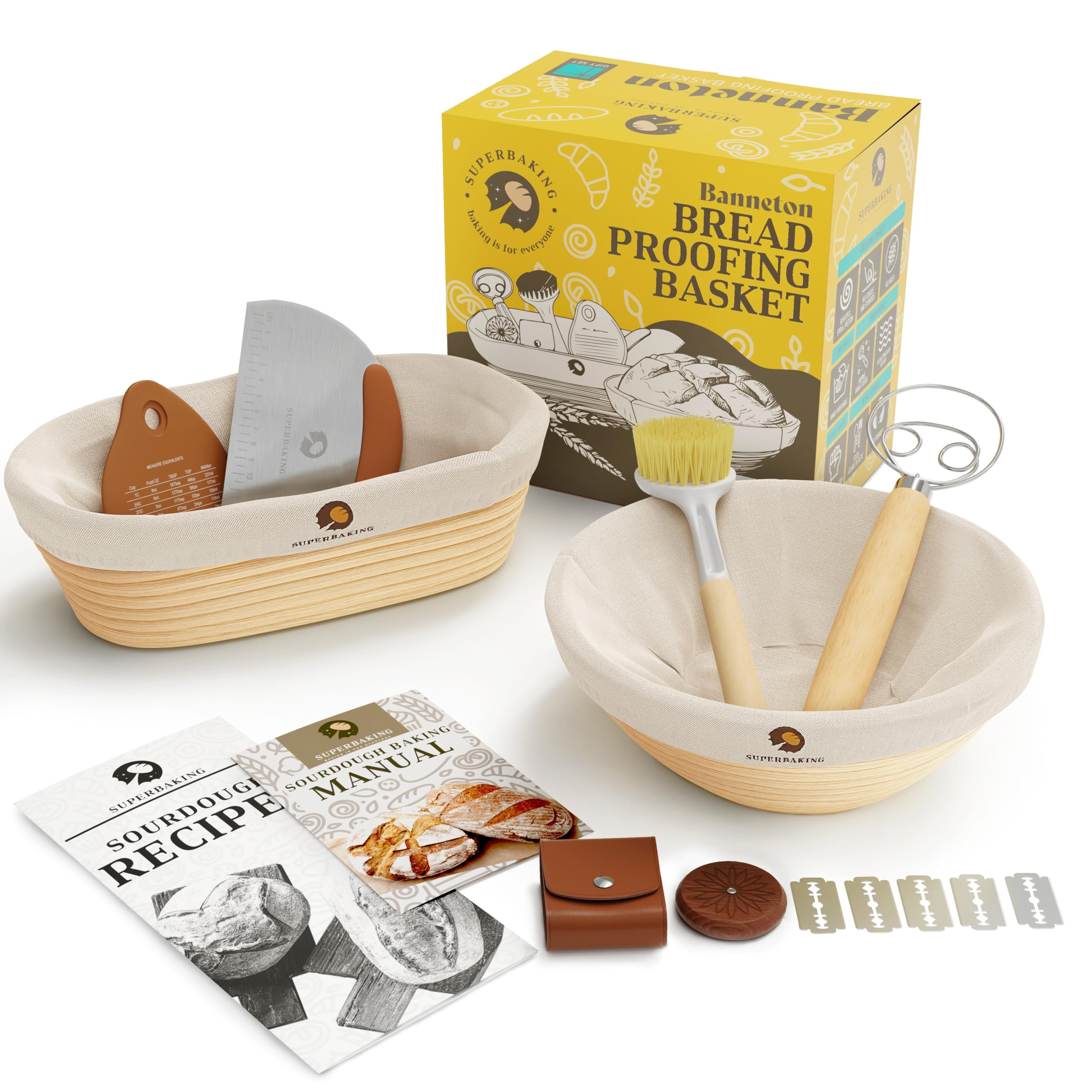 Superbaking Sourdough Proofing Basket Gift Set, Round 9" & Oval 10" Banneton, Sourdough Starter Kit, Sourdough Banneton Basket, Banneton Bread Proofing Basket Set of 2, Sourdough Bread Baking Supplies Image