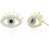 PEARLADA 18k Gold Plated Evil Eye Stud Earrings Dainty Micro-inlaid Cubic Zirconia Earring for Women Blue Synthetic Gemstone Christmas Gift