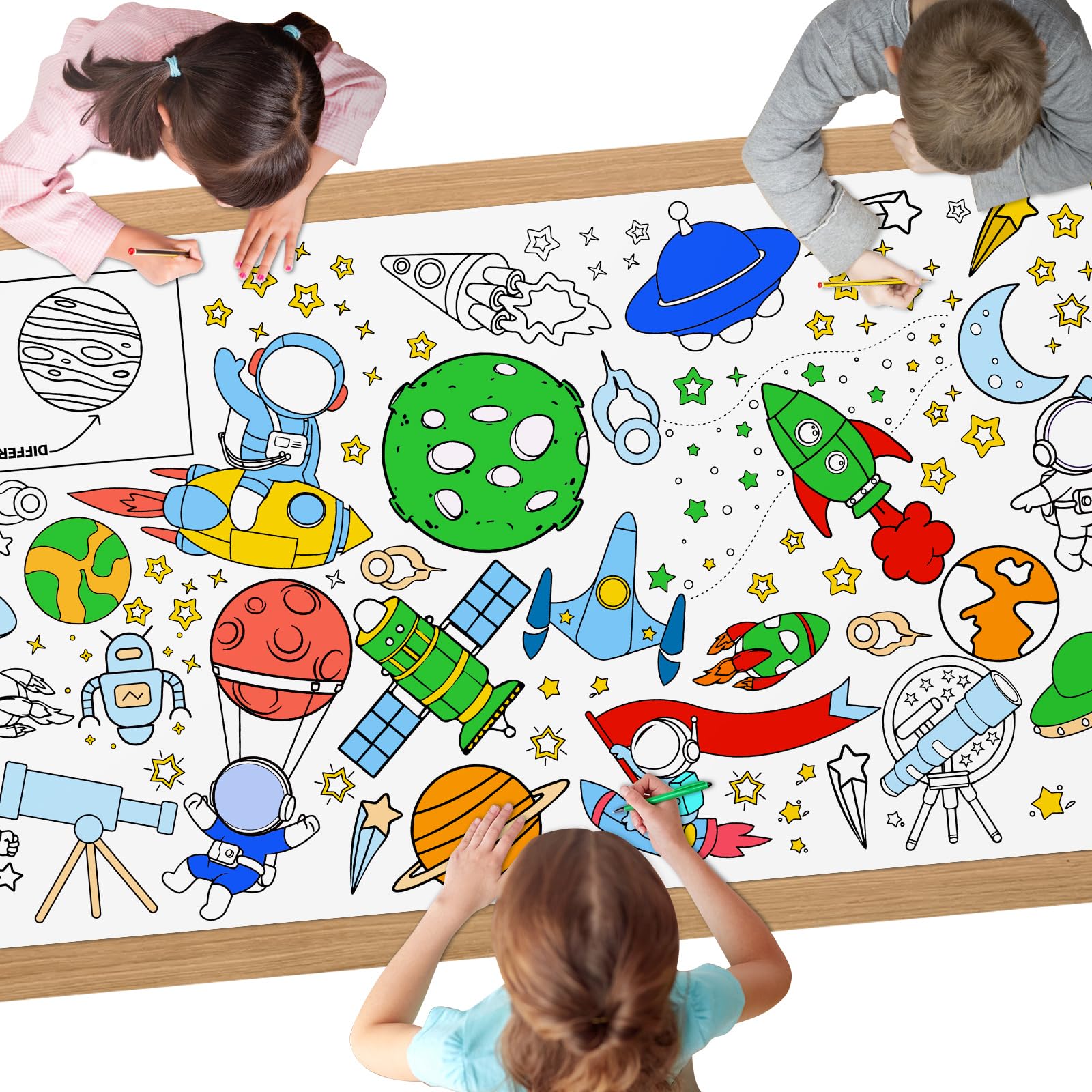 AYESY Outer Space Coloring Tablecloth, 72 x 28 inch DIY Kids Party Tablecloth, Giant Colouring Poster Table Cloth for Kids, Boys Girls Birthday Gift, Craft Doodle Art