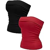 OLCHEE Womens 2PK Tube Tops Off Shoulder Seamless Ribbed Strapless Sleeveless Side Ruched Slim Fitted Summer Going Out Top