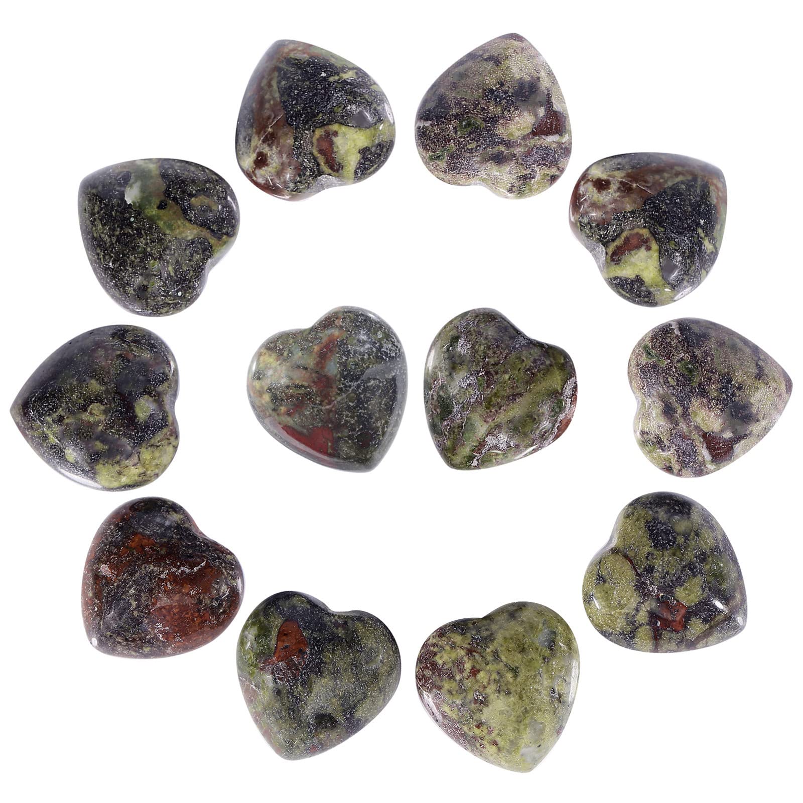 Nupuyai 12pcs Dragon Blood Stone Crystal Heart Love Palm Worry Stone for Chakra Healing, Carved Stone for Home Decoration 1.5cm