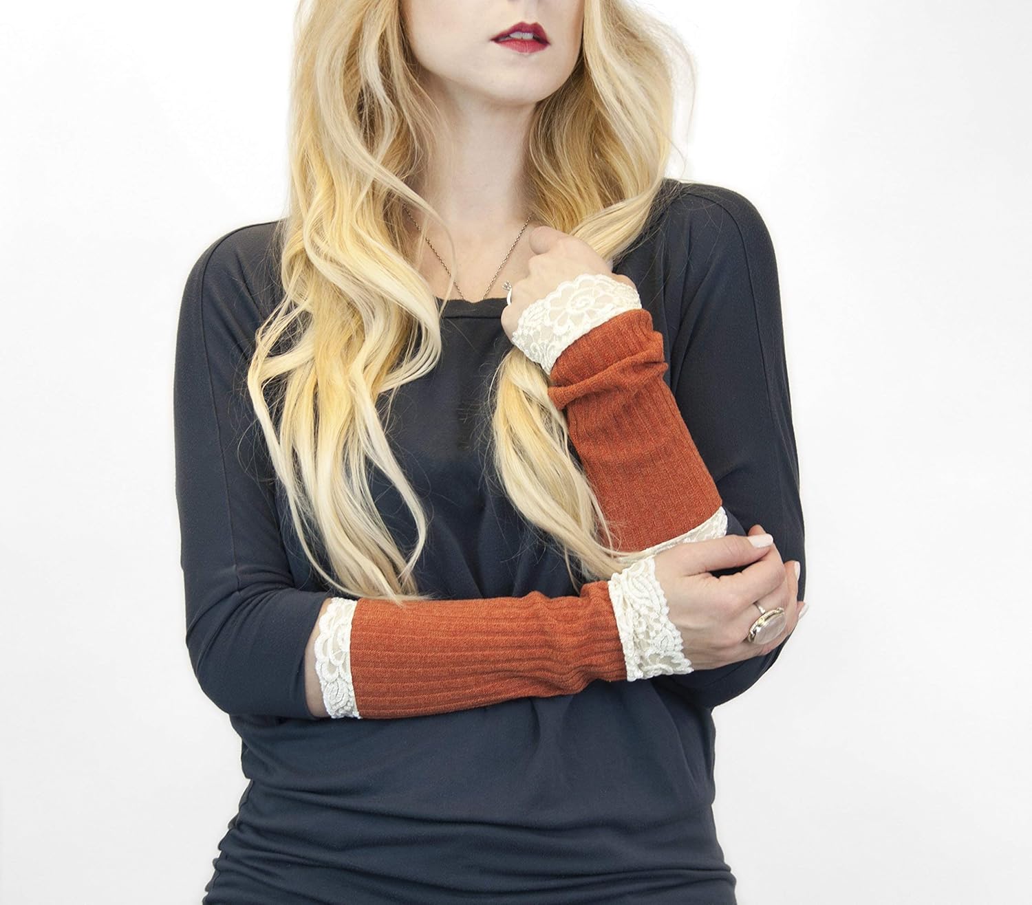 Long Lace Ribbed Knit Arm Warmers (Burnt Orange) Handmade