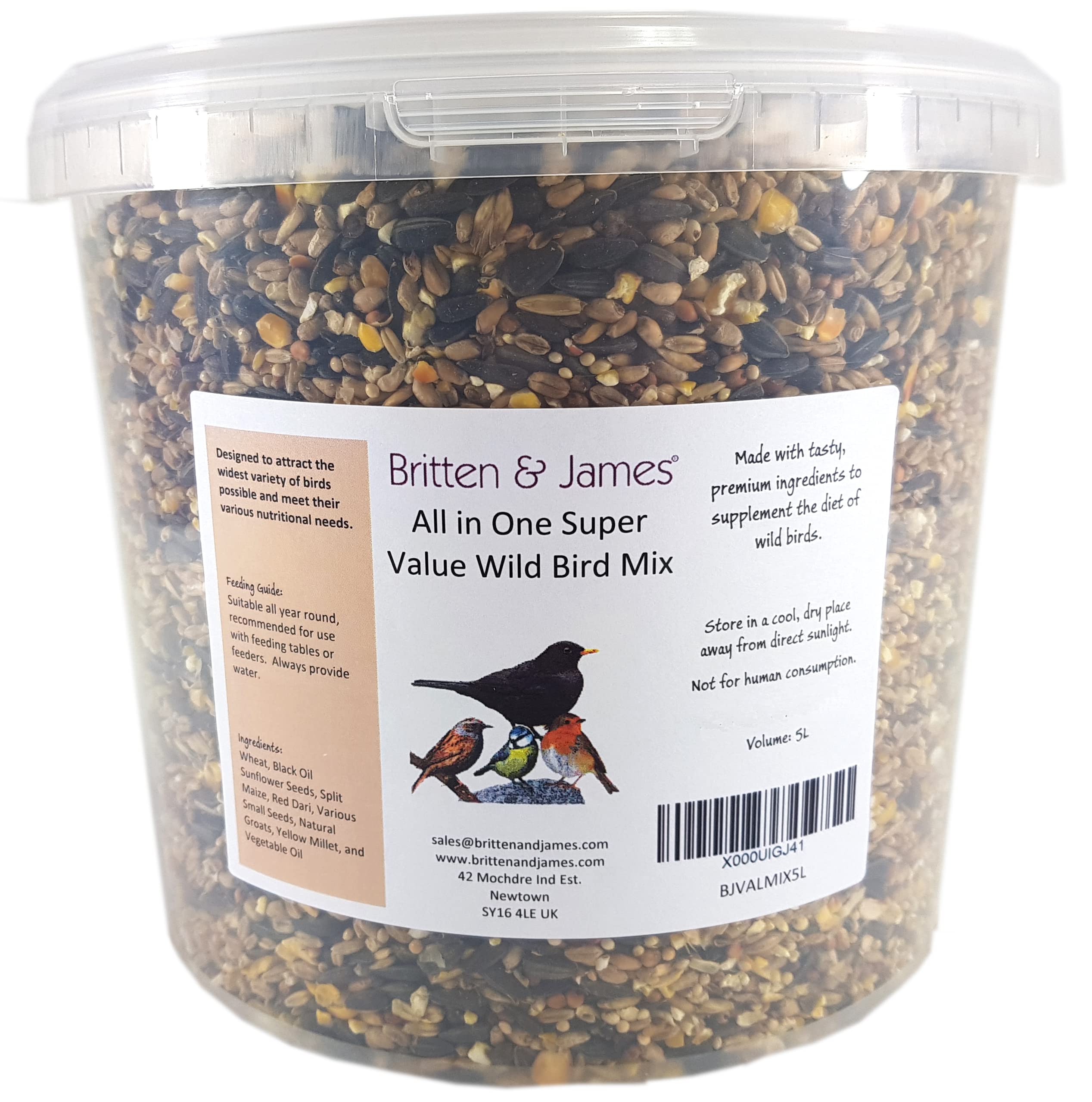 Britten & James Premium Seed Mix with Extra Sunflower Hearts for Wild Birds in a Stay Fresh Tub 5L (3.8kg)
