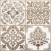Zonon 4 Pcs 12 x 12 in Reusable Tile Stencil for Painting Large Pattern | Floor Wall Templates, Mandala Flower Damask Talavera Moroccan Mehndi for DIY Crafts Concrete Plaster Decor, Vintage Mix