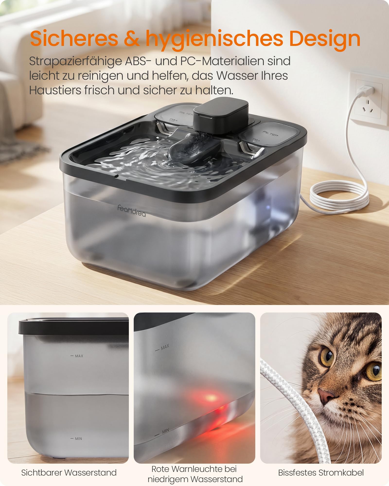Feandrea Katzenbrunnen, 4,5 L Trinkbrunnen für Katzen, Leiser Haustierbrunnen mit 2 Filtern und 1 Schwamm, Sichtbarer Wasserstand, 28,7 x 19,3 x 17,3 cm, Schwarz, BOXAL Kollektion PWF001B101 5