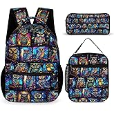 ZCJB-WSRY Owl Backpack with Lunch Box & Pencil Case, 16 Inch Cute Owl Themed Bookbag, Adjustable Lightweight Large Capacity, Colorful Backpack Set for Kids Girls Boys School