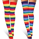 Syhood 2 Pairs Women Rainbow Knee High Socks over the Knee Girl Long Striped Thigh High Socks for Pride Festival Costume