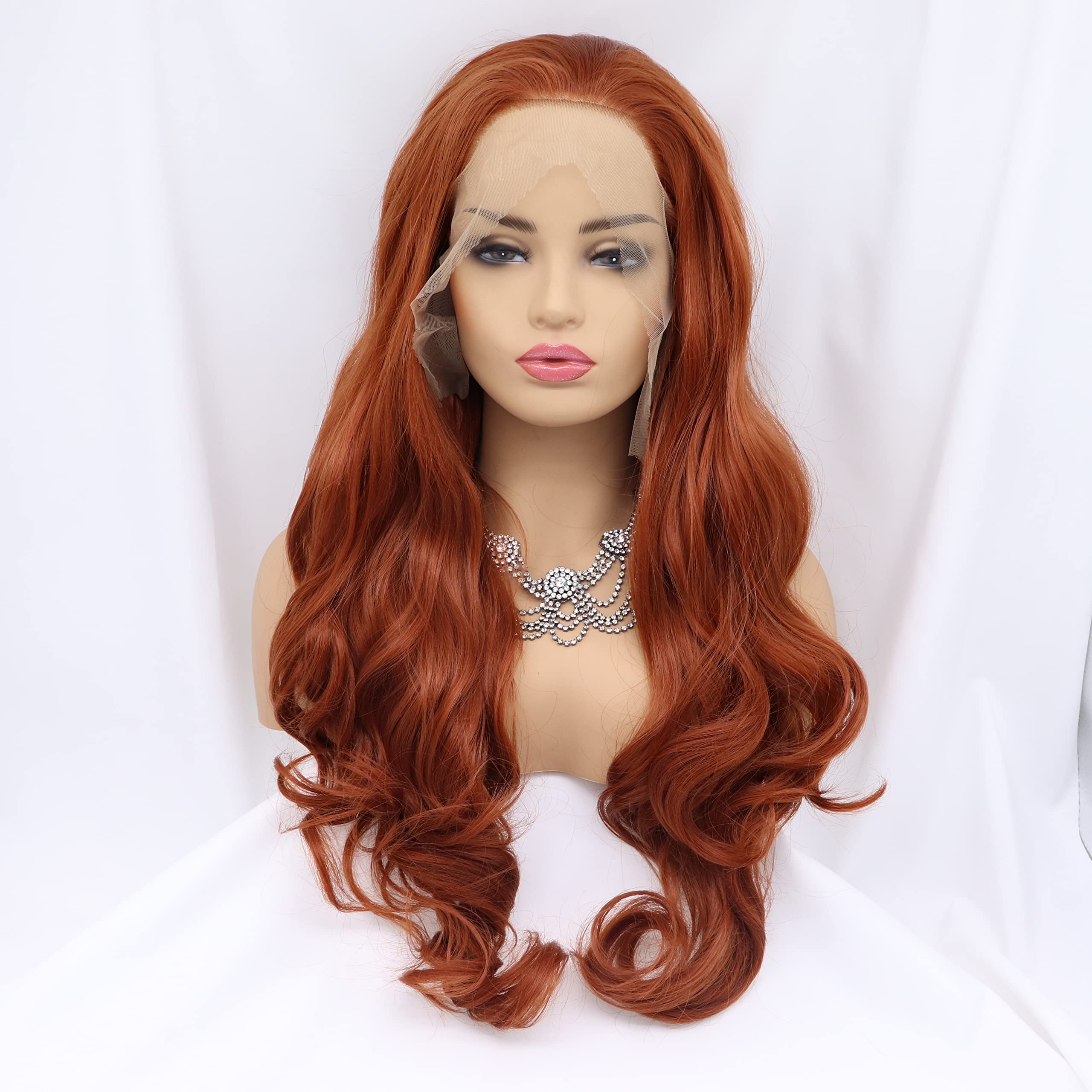 Xiweiya Wig 350# Ash Copper Red Wig Synthetic lace front Wig Long Body Wavy with Heat Resistant Fiber Drag Queen Red Brown Little Mermaid Hair Replacement Wig 24 inch