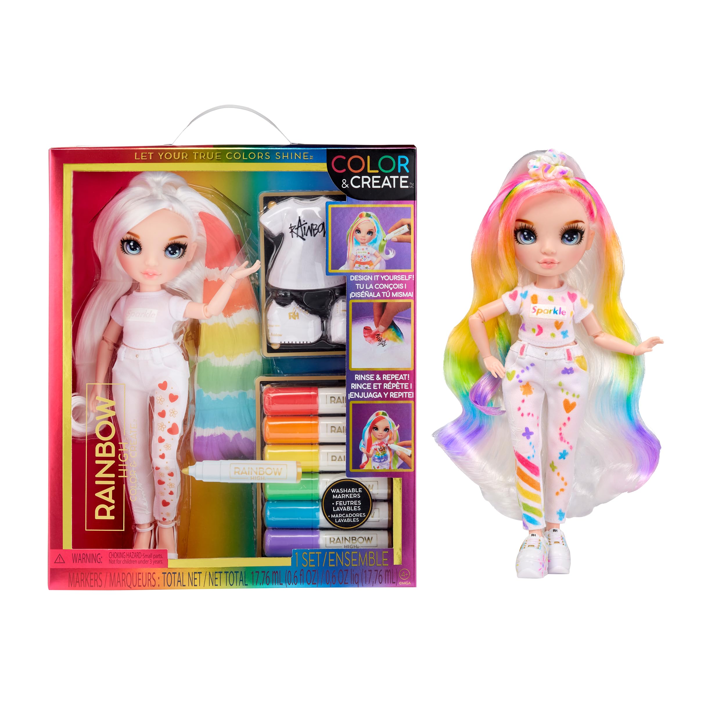 Rainbow High Colour & Create Fashion DIY Doll - Blue Eyes, Straight Hair, Bonus Top & Shoes, and Washable Rainbow Markers - Colour, Create, Play, Rinse, Repeat - For Kids 4-12 Years Old & Collectors