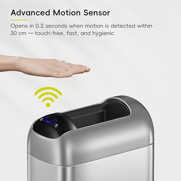 EKO ASTRO SLIM SENSOR TRASH CAN, 10L / 2.6 GALLON TOUCHLESS GARBAGE BIN WITH SOFT-CLOSE RETRACTABLE WING LID, MOTION SENSOR STAINLESS STEEL TRASH CAN FOR BATHROOM, KITCHEN AND OFFICE, WATERPROOF
