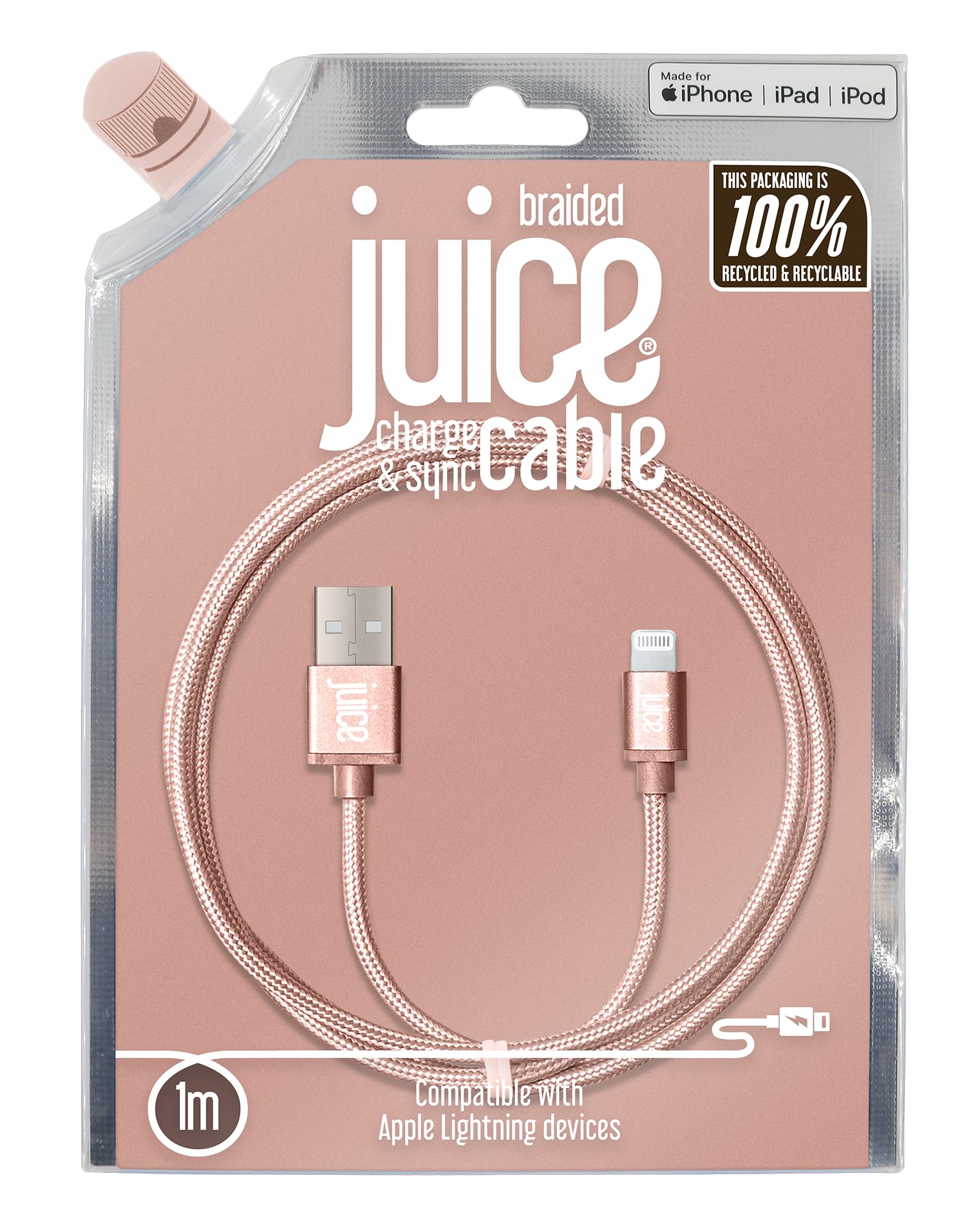 Juice Apple Lightning Cable 1m Braided Rose Gold,iPhone 14, Max, Pro, Plus, iPhone 13, Max, Pro and Mini, iPhone 12, Max, Pro and Mini, iphone 11, Pro, X, Xr, iPhone 8, 7, 6, SE, 5, iPad,