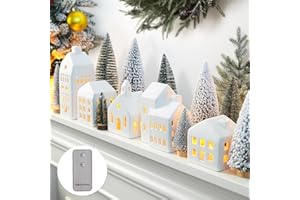 Zesua Christmas Decorations Indoor - Christmas Village Sets of 5 Ceramic Houses with LED Lights Remote and 9 Trees - Winter Rustic Farmhouse Home Holiday Xmas Decor for Mantel Tabletop Room