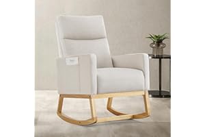 AUNEKIV Rocking Chair Nursery, Modern Upholstered Glider Rocker Chairs with Wood Legs and Side Pockets Comfy High Back Nursin
