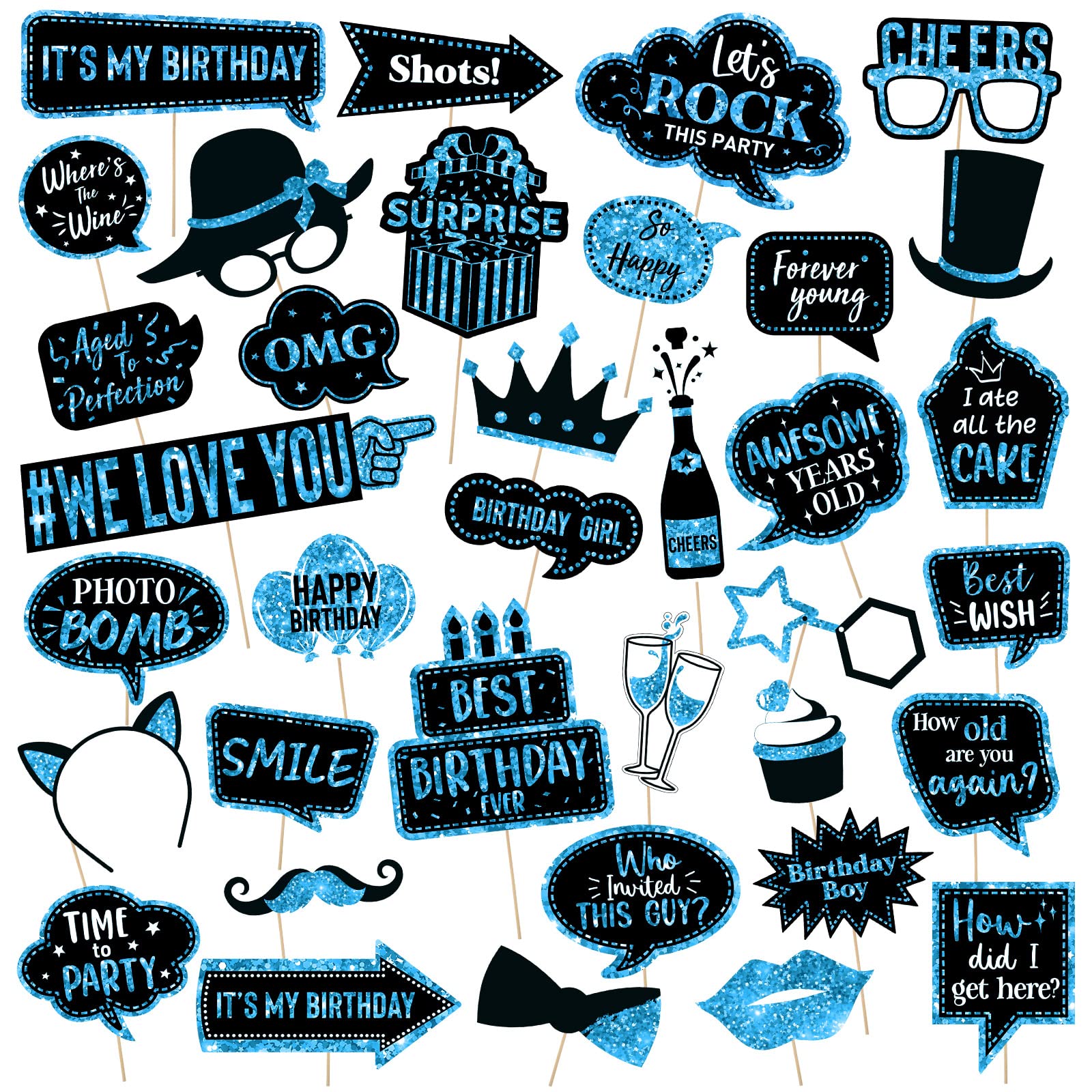 Photo 1 of Outus 36 Pcs Birthday Photo Booth Props Kit Happy Birthday Graduation Wedding Party Favors Supplies Bday Party Decor 40th- 50th-60th Photobooth Funny Cute Holiday Selfie Supplies(Blue and Black)