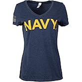 Navy Chest Print & U.S. Military Sleeve Flag | Naval Veteran Sailor Women's V-Neck Shirt
