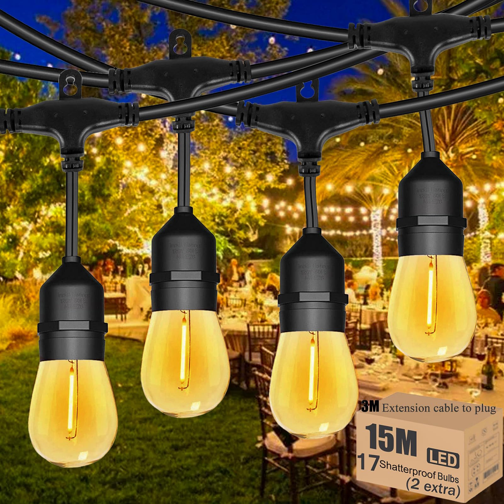 Meidaoduo 15M Festoon Lights Outdoor IP65 50FT Outdoor String Lights with 15+1 Shatterproof Bulbs 2700K for Patio Pergola Gazebo Backyard Fence Garden Lights Linkable