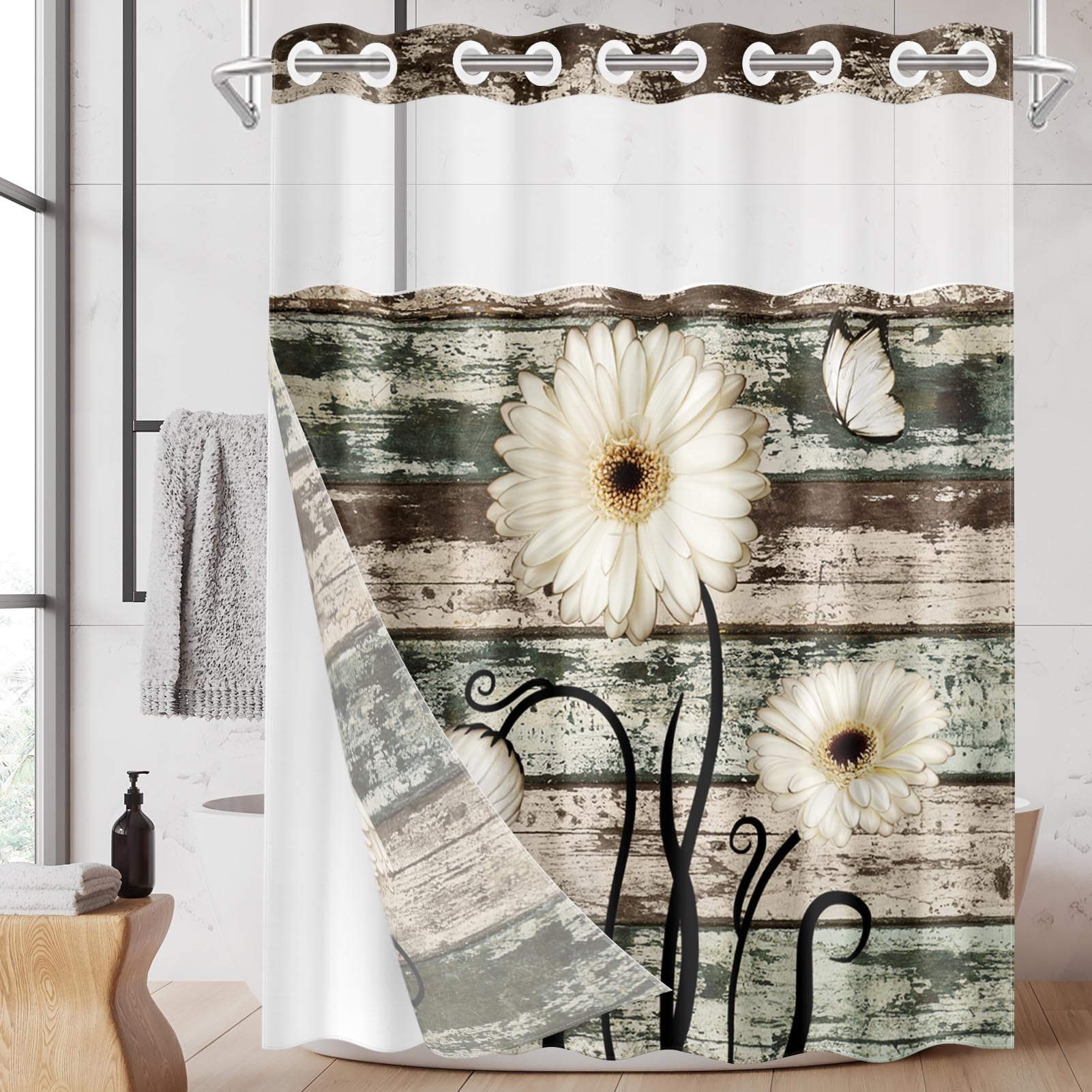 Photo 1 of Nesphy No Hook Vintage Flower Shower Curtain with Snap in Fabric Liner Set, Daisy Wooden Boards Double Layers Waterproof Fabric with See Through Top Window Open Grommet Bath Curtain 71x86 Inch
