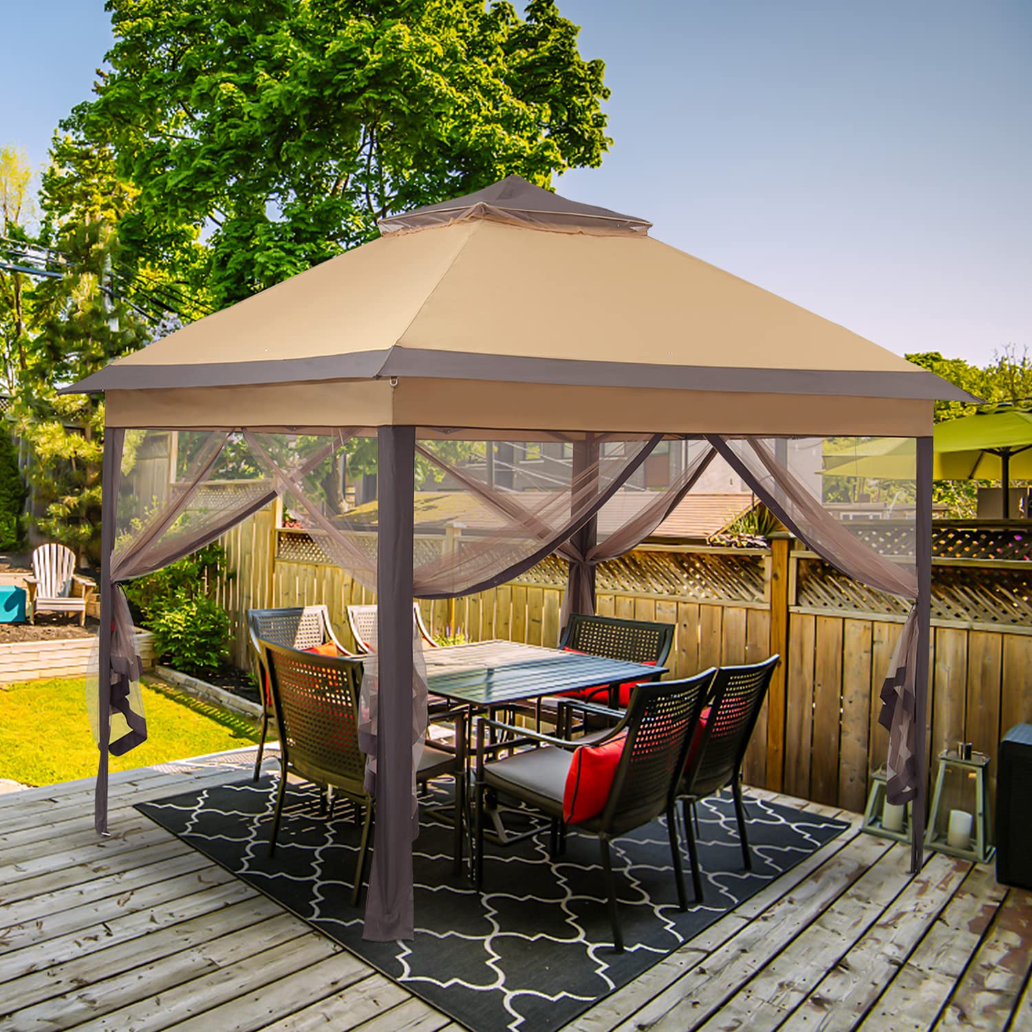 Photo 1 of ***FINAL SALE/NO RETURN, VIEW NOTES*** 11'x11' Patio Gazebo 2-Tier Outdoor Pop up Canopy Tent with Netting Sidewalls Brown