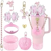 SEMATA Bling Accessories for Stanley Cup 40oz & 30oz Tumbler Including Silicone Cute Bow Straw Topper Cover, Silicone Boot for Stanley Cup,Leather Water Bottle Handle Strap, Charms(Cherry Blossom)