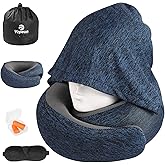 Vzpeun Travel Pillow - Hooded Neck Pillow Airplane Memory Foam Filling for Plane, Office, Cars Sleeping, Road Trip, Long Flights, Portable Plane Accessories, Includes Eye Mask & Earplugs (Full Blue)