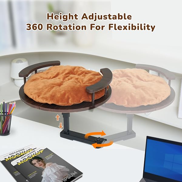 PURRHOUSE UP TO 45LBS CAT DESK BED – 360° ROTATION & ADJUSTABLE HEIGHT, PET PERCH FOR DESKS WITH WASHABLE CUSHION, DESK CAT BED ATTACHMENT FOR VARIOUS TABLES (WOOD_BROWN CUSHION)