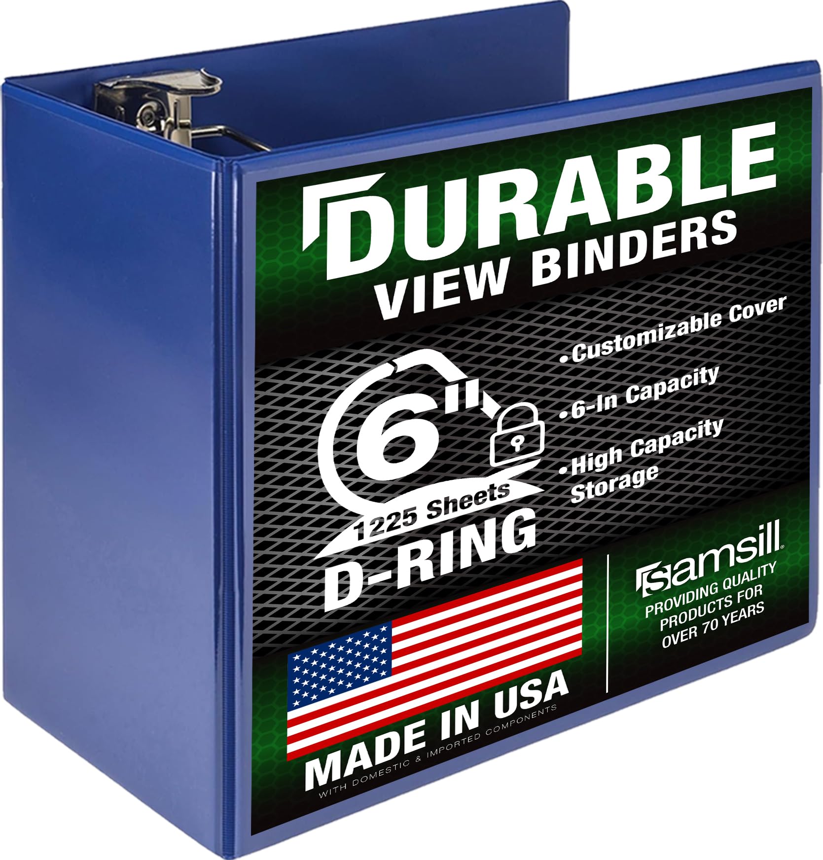 Samsill Durable 6 inch 3 Ring Binder, Locking D Ring Binder, Customizable Clear View Cover, Blue, Holds 1225 Pages
