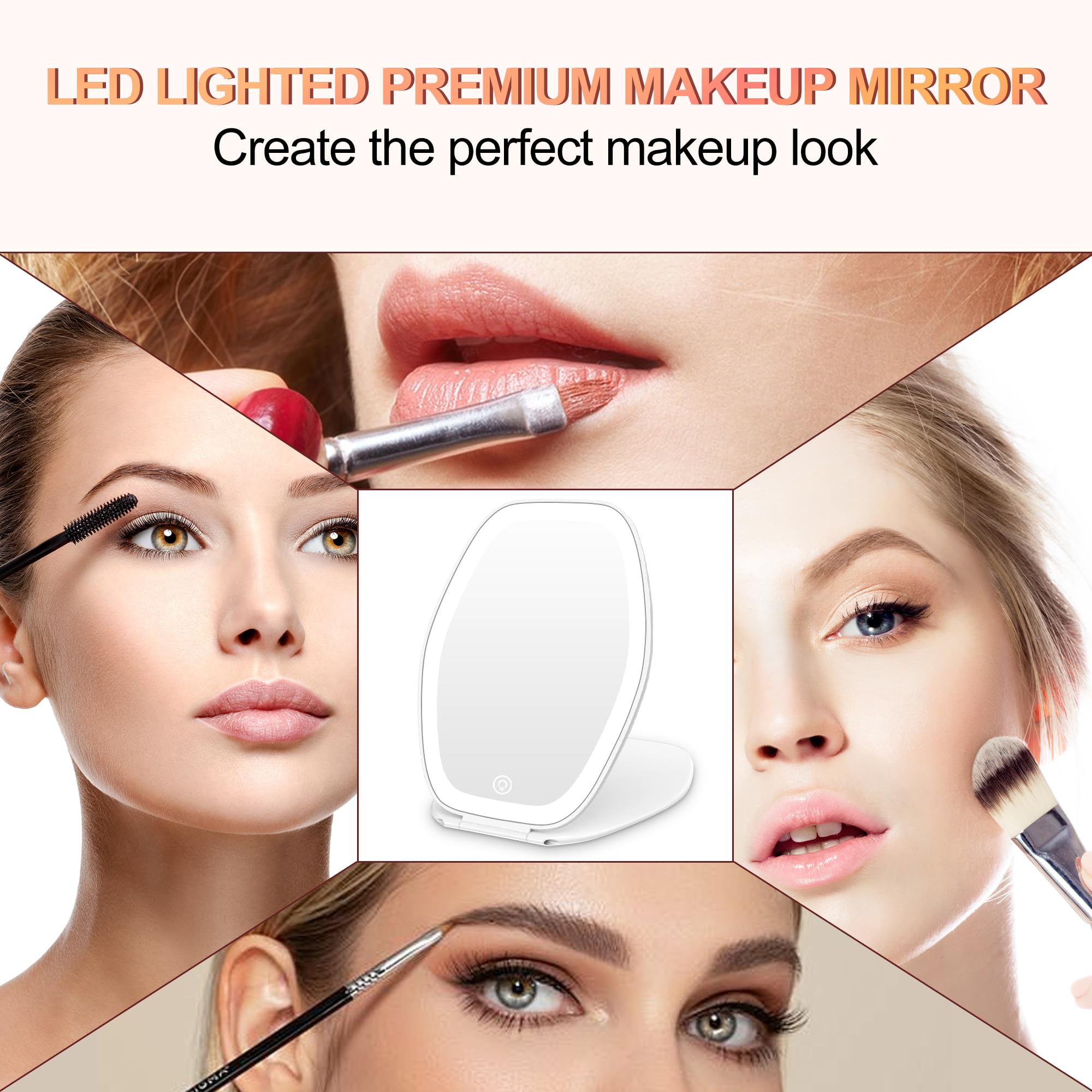 Travel Makeup Mirror with Light: 3 Color Lighting Portable Mirror with Touch Screen Rechargeable Adjustable LED Lights Hexagon Vanity Mirror for Travel, Desk, Home (White)