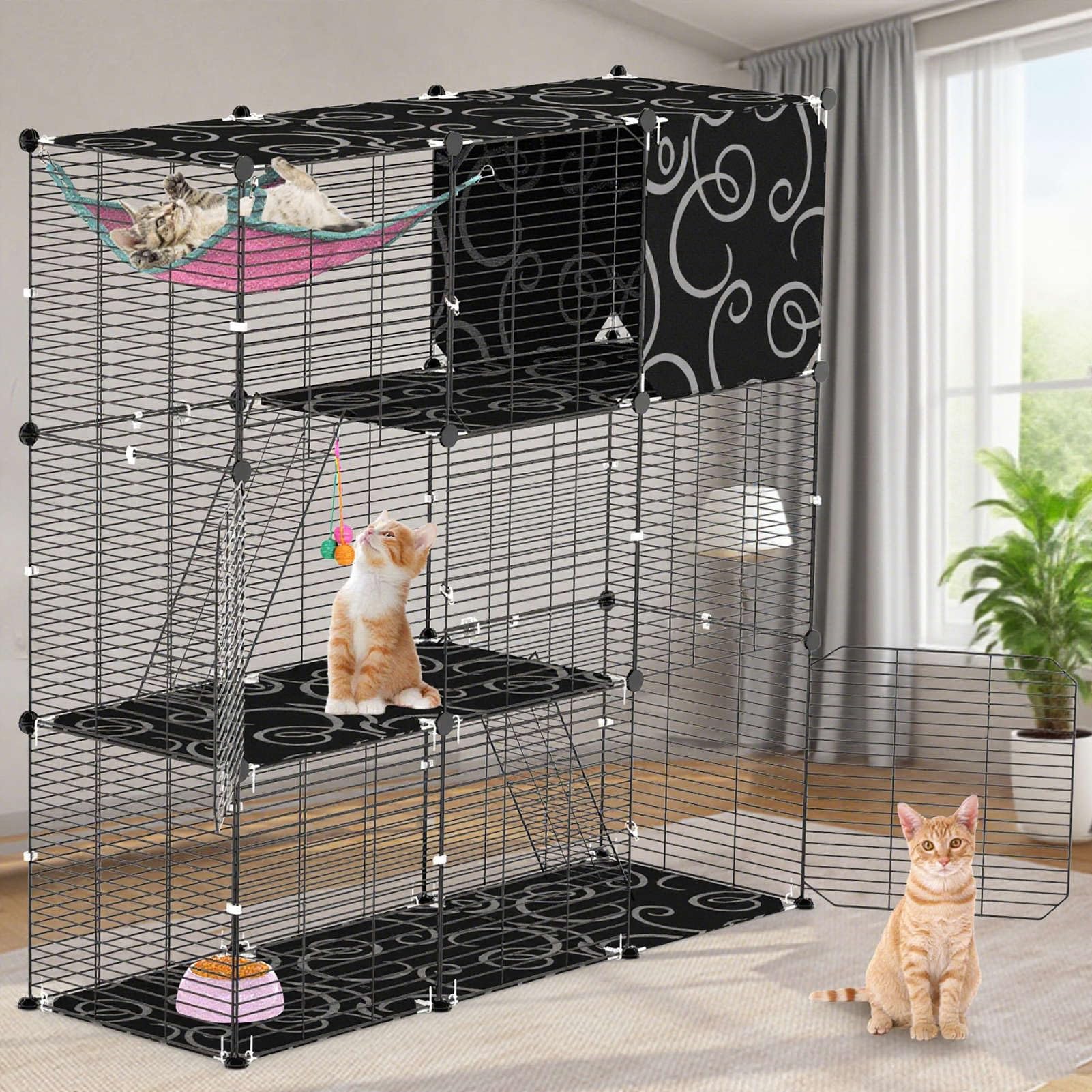 Photo 1 of TeqHome Large 3-Tier Cat Cage, Indoor Cat Enclosures Pliable DIY Cat Playpen, Detachable Metal Wire Kennels Cat Crate Box House with 3 Doors 2 Ramp Ladders for 1-3 Cats, 41.8"L x 14.2"W x 42.2"H,Black