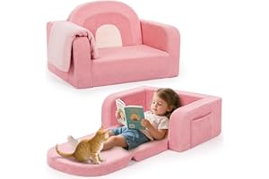 FORYOOMI Kids Couch, 2-in-1 Soft Toddler Couch Fold Out with Blanket, Comfy Toddler Chair, Convertible Sofa to Lounger, Convertible Sofa to Lounger, Medium Light Pink Rainbow