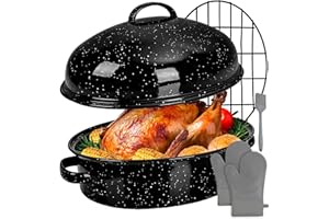 16 inch Oval Enamel Roasting Pan with Lid - Black and White Speckled Design - Perfect for Thanksgiving, Birthday Parties, and