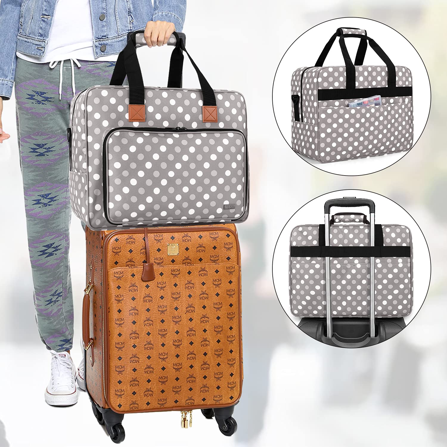LUXJA Sewing Machine Bag, Portable Tote Bag Compatible with Most Brother, Singer Sewing Machines and Extra Sewing Accessories, Gray Dots