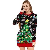 SOMSOC Ugly Christmas Sweater Dresses for Women 2025 Light Up LED Funny Reindeer Knit Pullover Dress Xmas Holiday Party