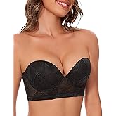 Crushnow Longline Strapless Push Up Bras for Women Multiway Padded Uplift Corset Lace Bra Underwire Support