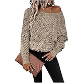 SweatyRocks Women's Off The Shoulder Sweater Boat Neck Dolman Sleeve Crochet Knit Pullover Sweaters