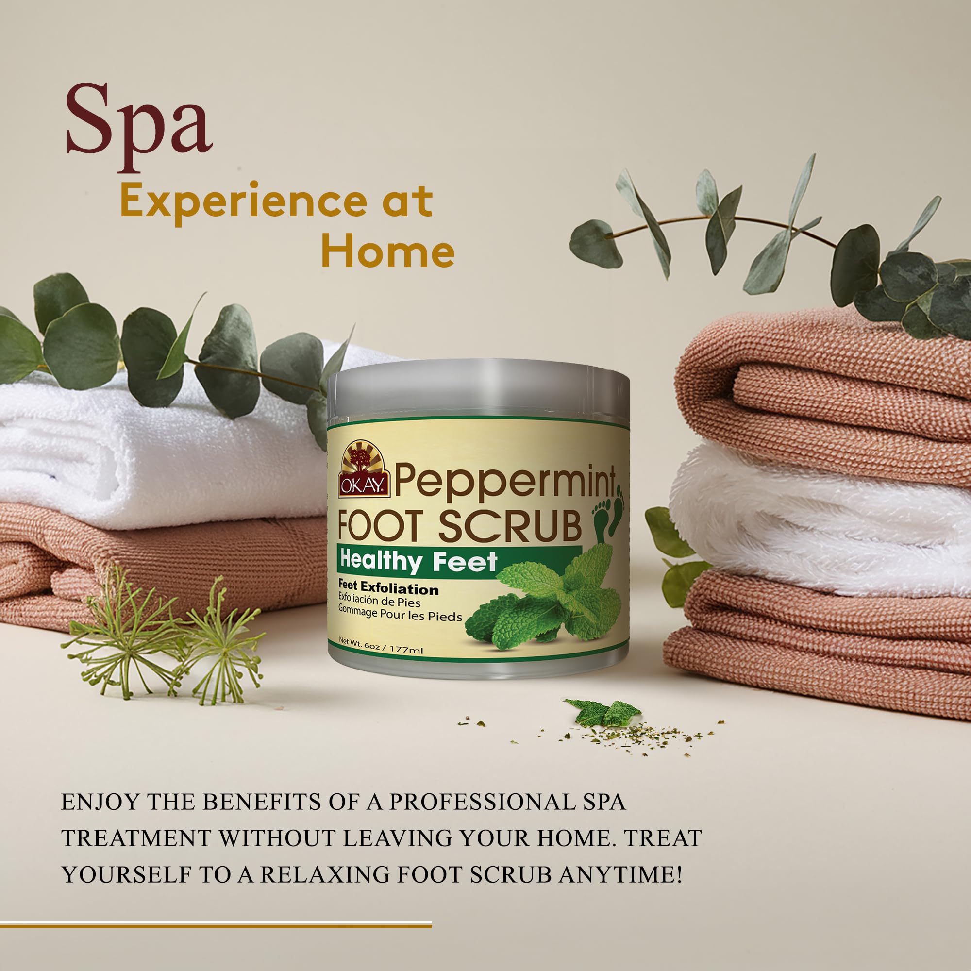 OKAY Peppermint Foot Scrub - Exfoliating Foot Scrub, Foot Exfoliator, Great for Cracked Heels, Pedicures, Dead Skin Remover, Exfoliant for Calluses, Moisturizer for Dry Skin - 6 Oz (Pack of 1)