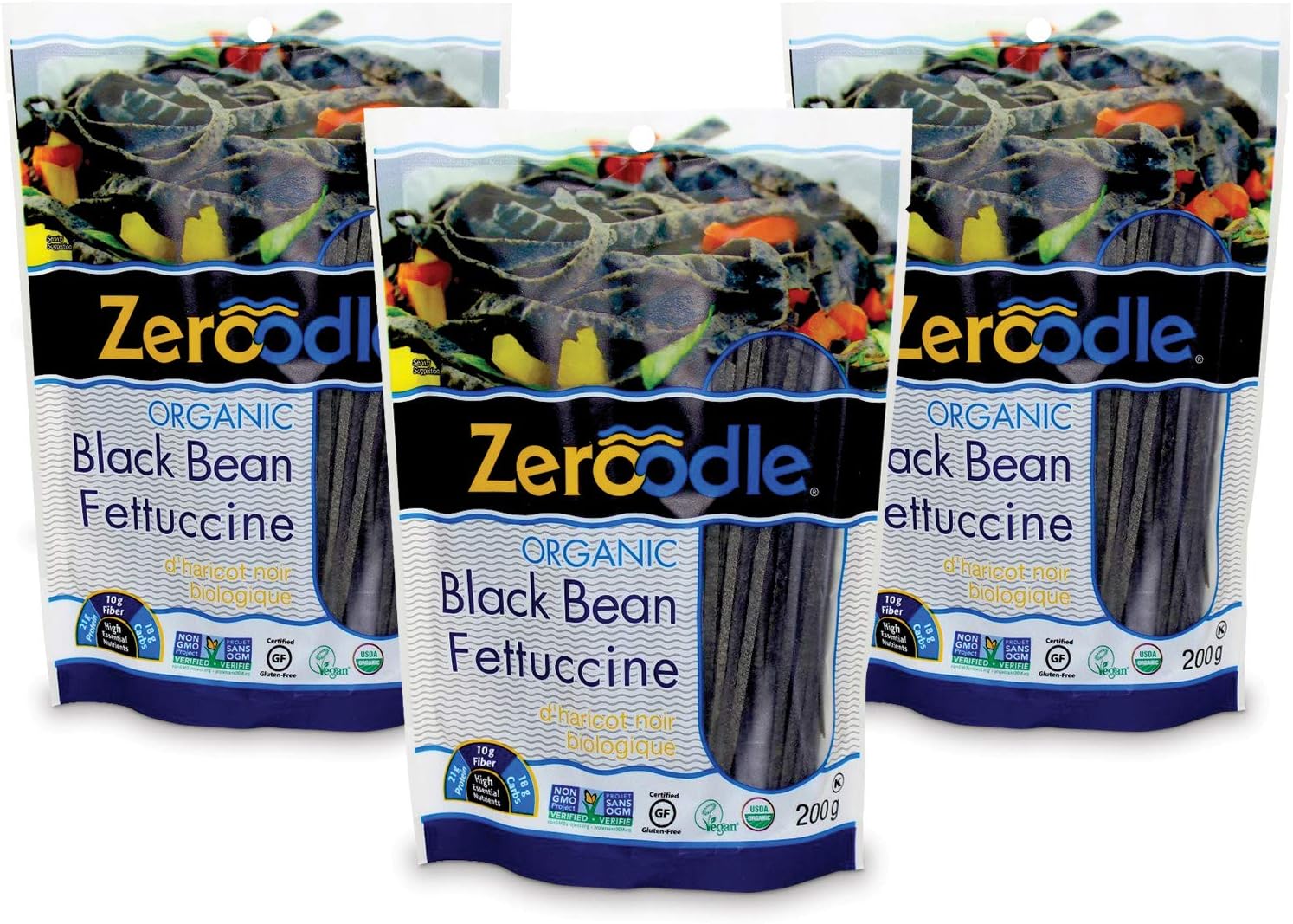 Zeroodle 3-Pack Low Net Carb Gluten Free Vegan Pasta - Organic Black Bean Fettuccini Noodles - High Protein