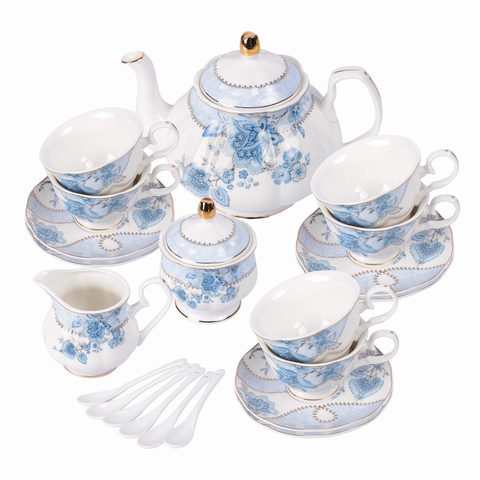 Photo 1 of ***SOME BROKE***fanquare Blue Flowers Porcelain Tea Set, Tea Cup and Saucer Set Service for 6, Wedding Tea Set with Sugar Bowl Cream Pitcher, Floral Coffee Set for Tea Party