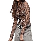 BEAUDRM Women's Leopard Print Mesh Top Long Sleeve Crew Neck Slim Fit Party Club Sheer T Shirt Top