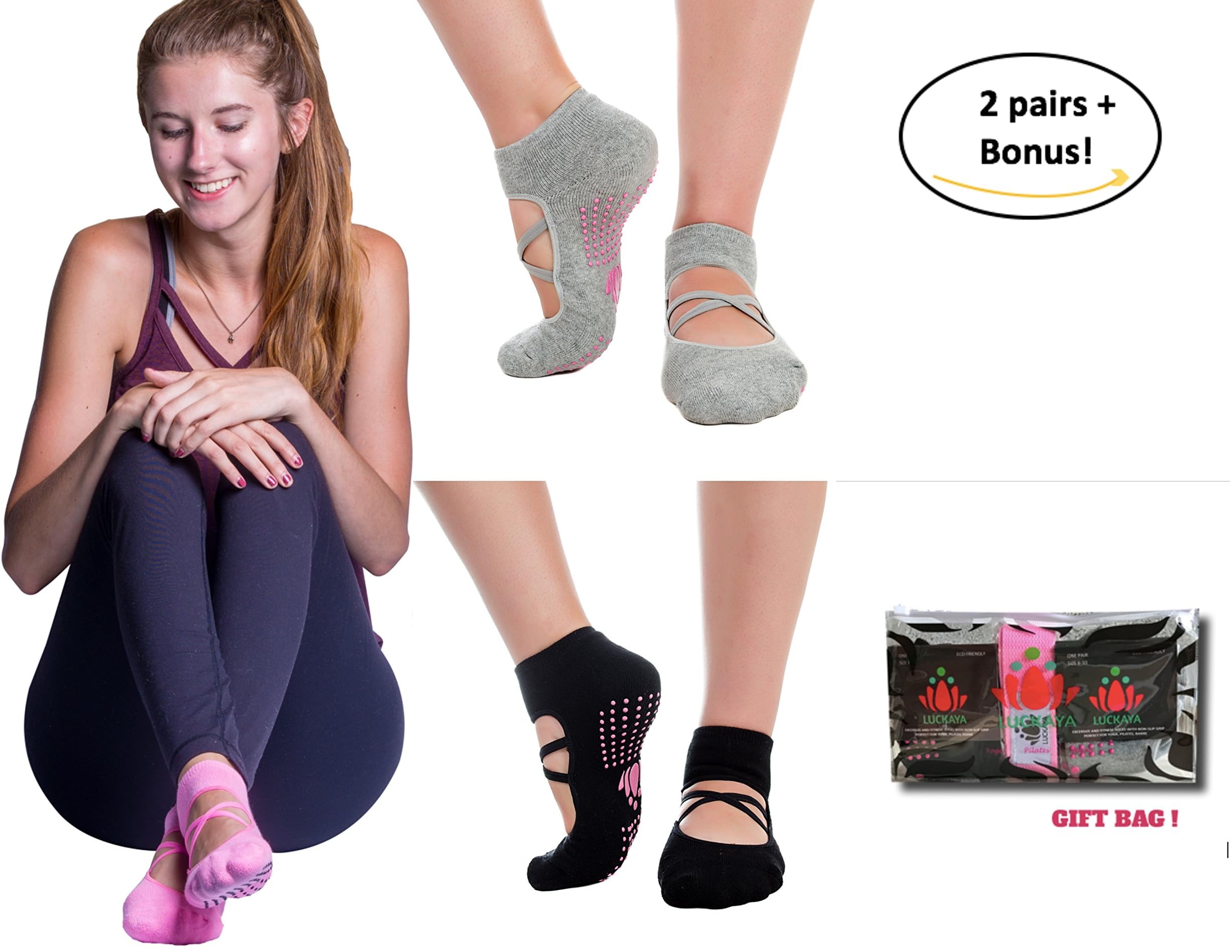 LUCKAYA 3 PAIRS Yoga Pilates Barre Hospital and Maternity socks with non-skid silicone grippers in a Gift Box