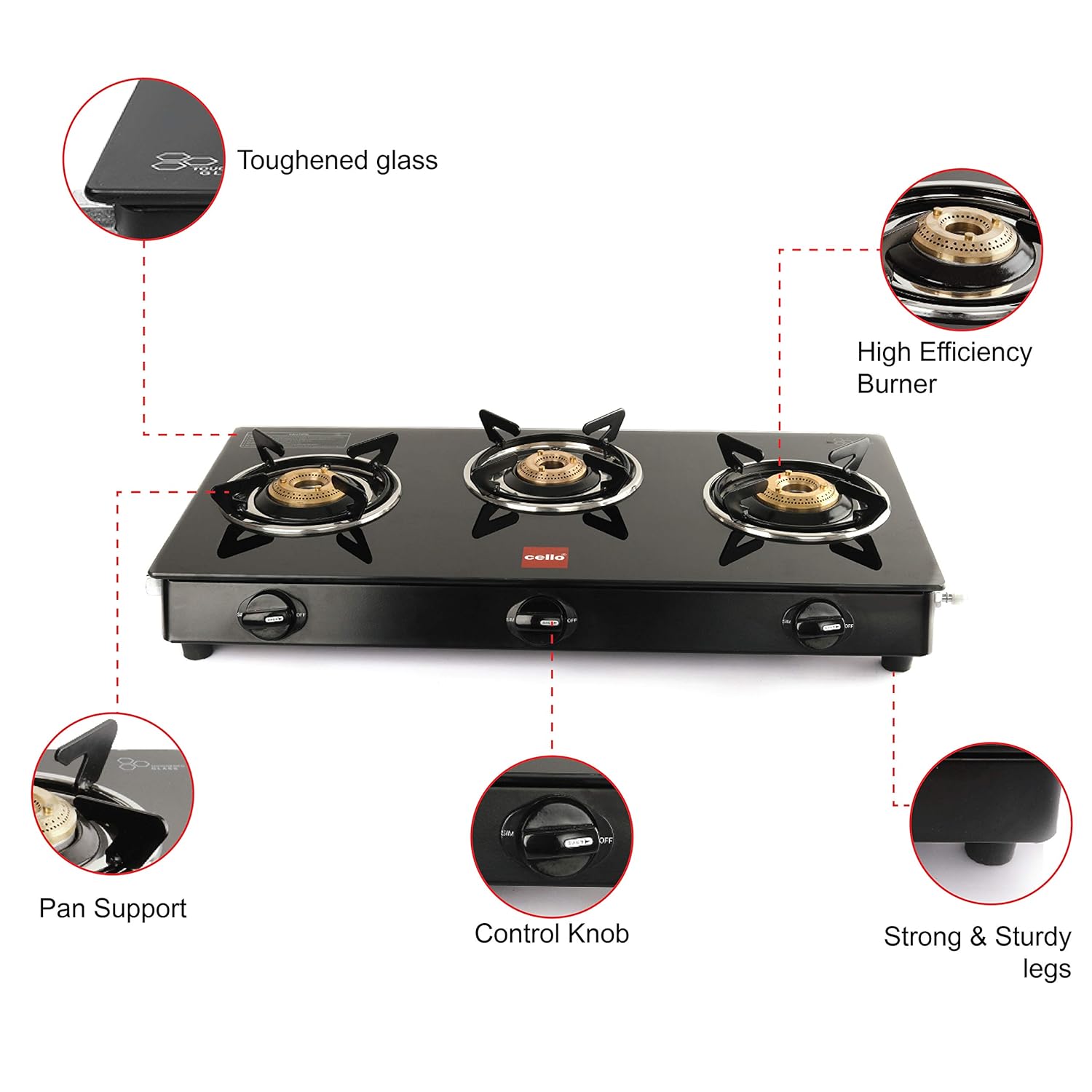 Auto Ignition Royal Designer Glass top 3 Burner Gas Stove Suryajwala