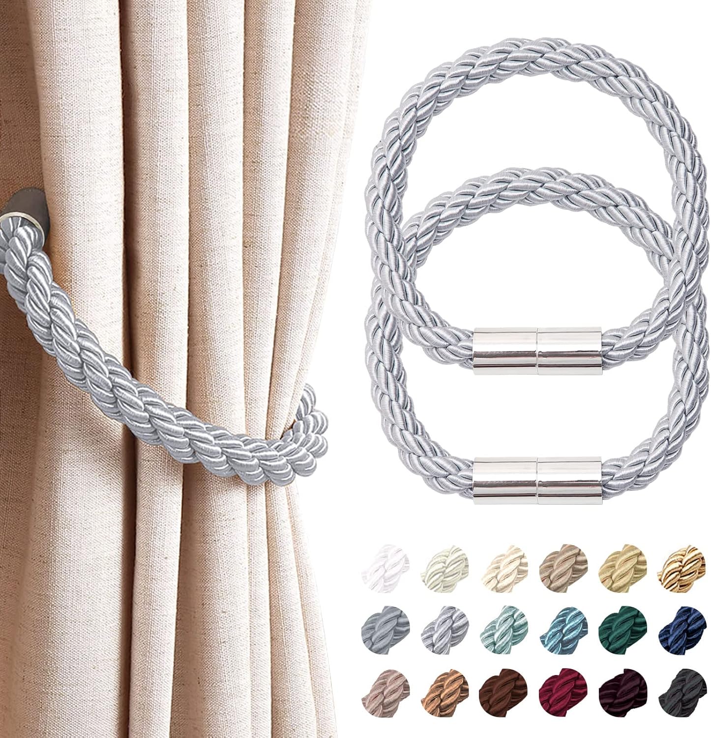 Window Treatment Hardware - NICEEC 2 Pack Strong Magnetic Curtain Tiebacks Modern Simple Style Drape Tie Backs Convenient Decorative Weave Rope Curtain Holdbacks for Thin or Thick Home & Office Window Draperies (Light Grey)
