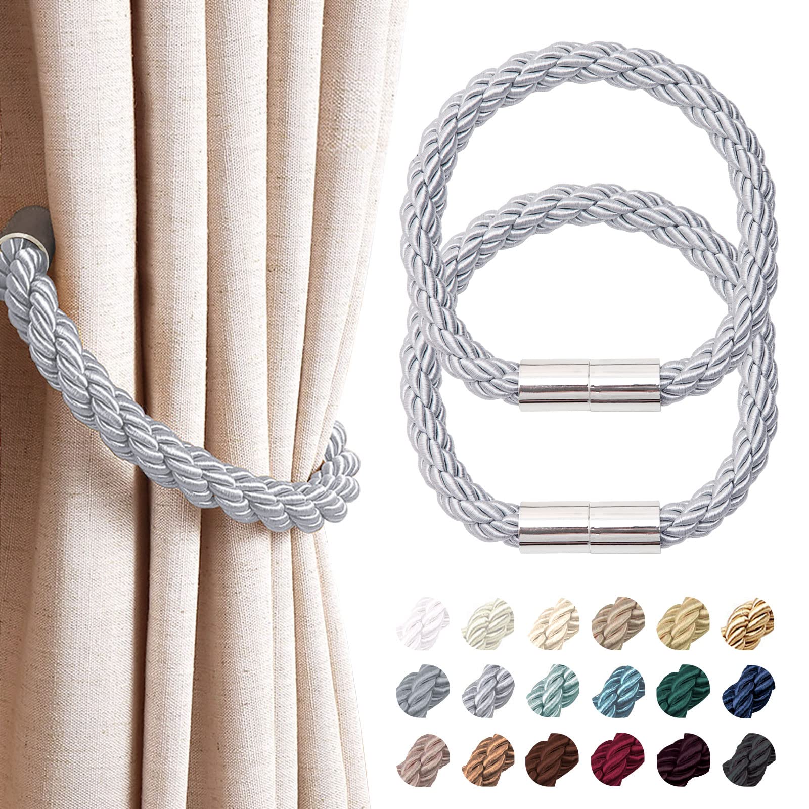 Pretty Jolly 2 Pack Strong Magnetic Curtain Tiebacks Modern Simple Style Drape Tie Backs Convenient Decorative Weave Rope Curtain Holdback for Thin or Thick Home & Office Window Drapery (Light Grey)