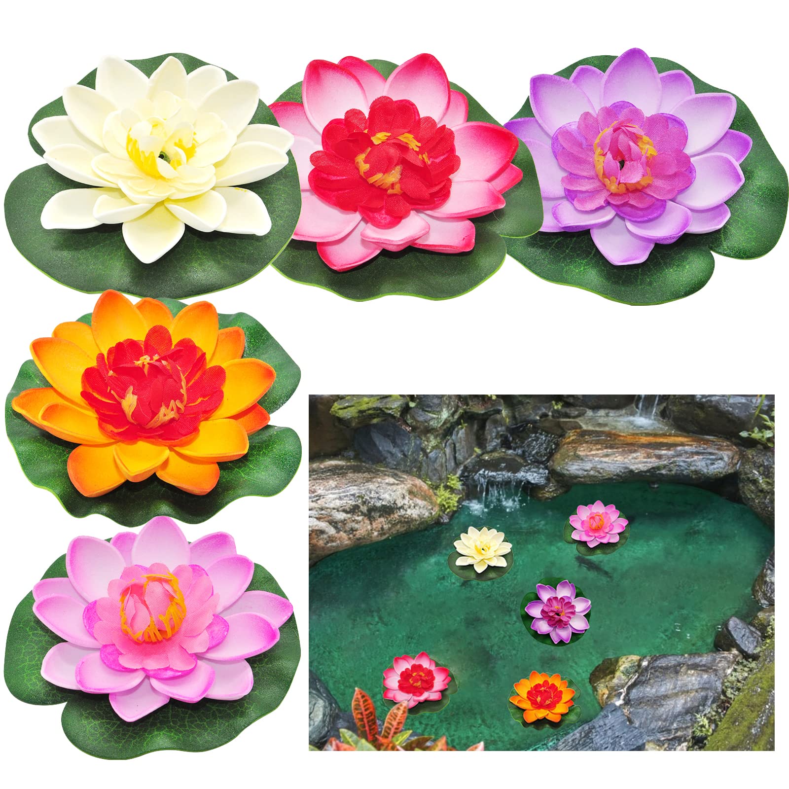 SwirlColor Artificial Lotus Flowers for Decoration Water Lily Floating Pond Plants Flowers 5 Pieces (10x10cm)